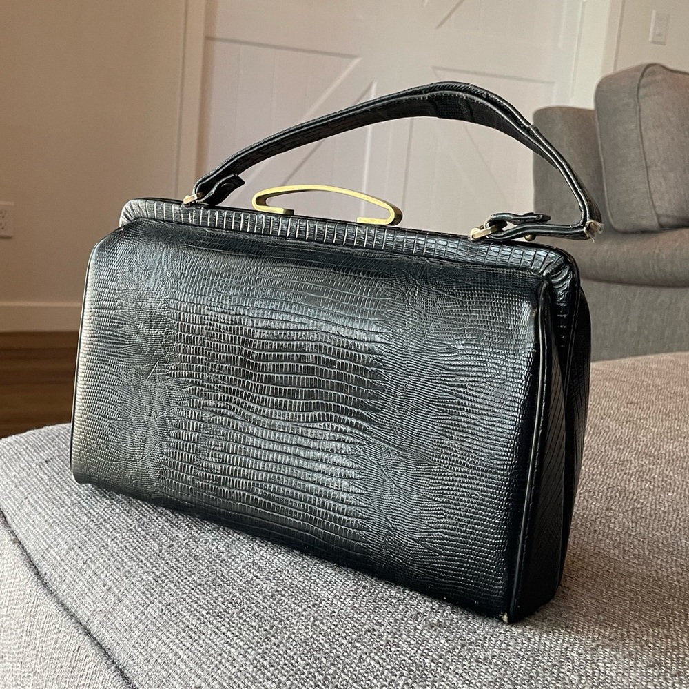 Vintage Lizard Leather Black Handbag Purse. - Picture 3 of 13
